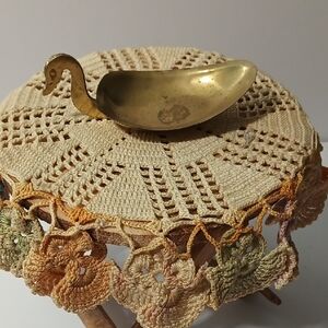 Vintage Brass Swan Dish with Crochet Doily
